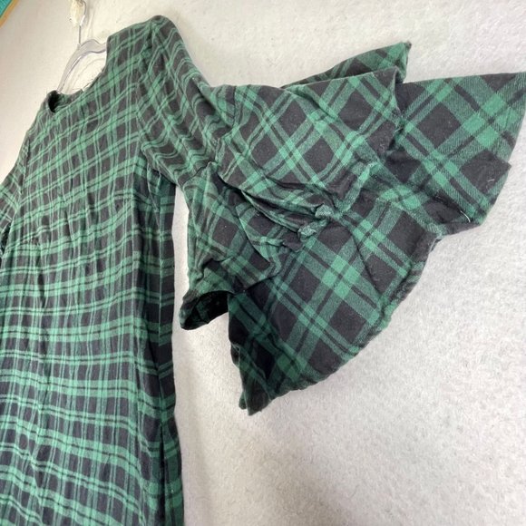 BEACHLUNCHLOUNGE Womens XS Blue Green Plaid Flannel Ruffle Sleeve Dress Pockets - Picture 3 of 14
